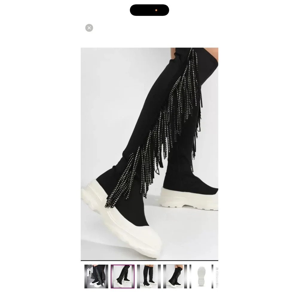 Cape Robbin Black Rhinestone Fringe Platform Knee High Boots‎ 6 goth grunge